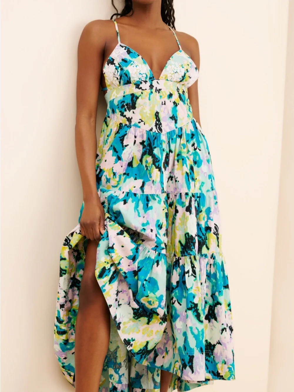 Free People Teal Green Floral Tiered Maxi Dress